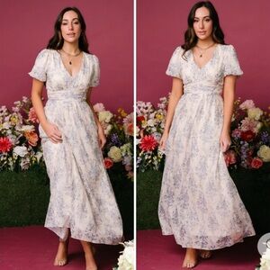 Baltic Born Ardley Blue & Cream floral Puff Sleeve Maxi Dress size 3XL